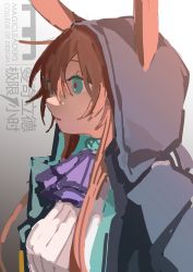Rule 34 | 1girl, absurdres, amiya (arknights), animal ears, arknights, ascot, black jacket, blue ascot, blue eyes, brown hair, ears through headwear, gradient background, grey background, highres, hood, hood up, hooded jacket, jacket, long hair, one-hour drawing challenge, open clothes, open jacket, parted lips, profile, rabbit ears, rabbit girl, red pupils, shirt, sidelocks, simple background, solo, south ac, upper body, white shirt
