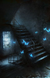 Rule 34 | bad id, bad pixiv id, blue theme, bug, butterfly, glowing, indoors, insect, no humans, original, railing, ruins, scenery, seafh, stairs, window