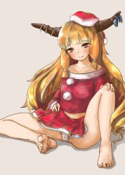 Rule 34 | 1girl, bare legs, bare shoulders, barefoot, blonde hair, blush, cameltoe, christmas, clothes lift, collarbone, hat, highres, horns, ibuki suika, kanrobi, licking lips, long hair, long sleeves, looking at viewer, miniskirt, off shoulder, oni, panties, red eyes, santa costume, santa hat, sidelocks, simple background, sitting, skirt, skirt lift, smile, solo, spread legs, tongue, tongue out, touhou, underwear, very long hair, white background, white panties
