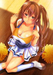 Rule 34 | 10s, 1girl, bare shoulders, blush, breasts, brown eyes, brown hair, cheerleader, chuunibyou demo koi ga shitai!, cleavage, collarbone, from above, hair ornament, hairclip, kneehighs, large breasts, looking at viewer, looking up, nibutani shinka, one side up, pom pom (cheerleading), shoes, sitting, socks, solo, sweat, un4lord, white socks, wooden floor