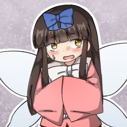 Rule 34 | 1girl, baystarsapphire, black hair, blue bow, blunt bangs, blush, bow, bowtie, brown eyes, brown hair, commentary request, cosplay, dot nose, fairy wings, grey background, hair bow, hands in opposite sleeves, highres, houraisan kaguya, houraisan kaguya (cosplay), long hair, long sleeves, looking to the side, open mouth, outline, pink shirt, shirt, sidelocks, simple background, solo, star sapphire, sweat, touhou, upper body, very long hair, white bow, white bowtie, white outline, wide sleeves, wings