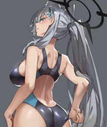 Rule 34 | adjusting clothes, adjusting swimsuit, animal ear fluff, animal ears, black one-piece swimsuit, blue archive, blue eyes, breasts, competition swimsuit, covered navel, cowboy shot, cropped, cross hair ornament, duplicate, extra ears, from behind, grey background, grey hair, hair ornament, halo, large breasts, long hair, low ponytail, medium hair, mismatched pupils, multicolored clothes, multicolored swimsuit, one-piece swimsuit, ponytail, shiroko (blue archive), shiroko (swimsuit) (blue archive), shiroko terror (blue archive), simple background, simplecar, solo, swimsuit, wolf ears