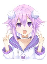Rule 34 | bimmy, breasts, choker, double v, hair between eyes, hair ornament, hairclip, happy, highres, hood, hoodie, neptune (neptunia), neptune (series), open mouth, parka, purple eyes, purple hair, short hair, simple background, small breasts, solo, v, white background