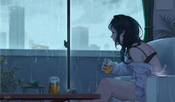Rule 34 | 1girl, absurdres, alcohol, armchair, bare shoulders, beer, beer can, black bra, black hair, blue eyes, blurry, blush, bra, building, cable, calendar (object), can, cellphone, chair, charging device, city, cloud, cloudy sky, curtains, depth of field, doloyume, drink can, drunk, elephant, feet out of frame, film grain, from side, glass, glowing, highres, holding, indoors, long hair, long sleeves, looking away, messy hair, mole, mole under eye, no pants, off shoulder, original, palm tree, phone, plant, profile, rain, signature, sitting, sky, skyscraper, sleeves rolled up, sliding doors, smartphone, table, themed object, tree, underwear, watering can