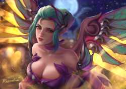 Rule 34 | 1girl, aqua hair, artist name, bare shoulders, blurry, blurry background, breasts, brown eyes, choker, cleavage, collarbone, dress, elbow gloves, eyelashes, eyeliner, fairy wings, full moon, gloves, hair bun, hair ornament, highres, holding, holding staff, light particles, looking at viewer, makeup, mechanical wings, medium breasts, mercy (overwatch), moon, night, night sky, nose, overwatch, overwatch 1, parted lips, pink lips, pointy ears, portrait, purple dress, purple gloves, purple ribbon, rezoeline, ribbon, ribbon choker, signature, single hair bun, sky, sleeveless, sleeveless dress, smile, solo, staff, sugar plum fairy mercy, wings, yellow wings