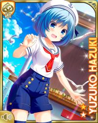 Rule 34 | 1girl, bare arms, bird, blue eyes, blue hair, card, character name, day, denim, denim shorts, girlfriend (kari), hat, hazuki yuzuko, necktie, ocean, official art, open mouth, outdoors, panic, qp:flapper, red necktie, sailor hat, sailor outfit, seagull, ship, short hair, shorts, solo, standing, striped leggings, tagme, tripping, water, watercraft