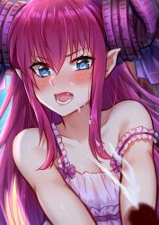 Rule 34 | 1girl, bare shoulders, blue eyes, blurry, blurry foreground, blush, bow, breasts, camisole, cleavage, collarbone, cum, curled horns, ejaculation, elizabeth bathory (fate), elizabeth bathory (fate/extra ccc), facial, fang, fate/grand order, fate (series), frills, highres, horns, hua-j, implied handjob, long hair, open mouth, penis, pointy ears, projectile cum, purple bow, purple hair, sidelocks, small breasts, solo focus, straight hair, teeth, upper body