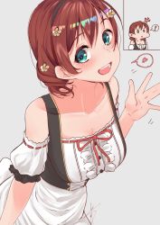 Rule 34 | !, 1girl, apron, aqua eyes, artist name, back bow, bare shoulders, black bow, black corset, black hairband, blue eyes, blush, bow, bow hairband, bracelet, braid, breasts, brown hair, collarbone, corset, dirndl, dress, drill hair, emma verde, evergreen (love live!), female focus, flower, flower bracelet, flower hair ornament, freckles, frilled dress, frills, german clothes, green hairband, hair between eyes, hair flower, hair ornament, hairband, hairclip, hand wave, heart (symbol), highres, jewelry, long hair, looking at viewer, love live!, love live! nijigasaki high school idol club, love live! school idol festival, medium breasts, parted lips, puffy short sleeves, puffy sleeves, red hair, red ribbon, ribbon, short hair, short sleeves, skirt, smile, solo, swiss clothes, twin braids, twintails, white apron, white bow, white dress, white skirt, yaa-kun