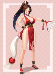 Rule 34 | 1girl, breasts, fan, fatal fury, highres, large breasts, long hair, ponytail, shiranui mai, smile, solo