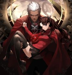 Rule 34 | 1boy, 1girl, archer (fate), black hair, blue eyes, carrying, dark skin, dark-skinned male, fate/stay night, fate (series), green eyes, long hair, long legs, looking at viewer, smile, tef, thighhighs, tohsaka rin, two side up, white hair