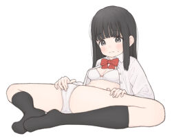 Rule 34 | 1girl, :|, au arigatou, between legs, black hair, blunt bangs, blush, bow, bowtie, bra, closed mouth, commentary request, female masturbation, full body, grey eyes, groin, hand between legs, highres, knees apart feet together, long hair, lying, making-of available, masturbation, masturbation through clothes, on back, original, panties, red bow, red bowtie, school uniform, shirt, simple background, sweat, unbuttoned, underwear, white background, white bra, white panties, white shirt