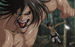 Rule 34 | 1boy, angry, black hair, eren yeager, forest, green eyes, highres, nature, official art, official wallpaper, open mouth, rogue titan, saliva, shingeki no kyojin, sword, three-dimensional maneuver gear, titan (shingeki no kyojin), tree, wallpaper, weapon