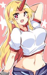 Rule 34 | 1girl, adapted costume, alternate costume, alternate eye color, arm up, artist name, blonde hair, blush stickers, breasts, fang, groin, highres, horns, hoshiguma yuugi, large breasts, long hair, maturiuta sorato, midriff, navel, open mouth, pants, pink background, pink eyes, pointy ears, puffy sleeves, shirt, short sleeves, simple background, single horn, smile, solo, star-shaped pupils, star (symbol), symbol-shaped pupils, touhou, twitter username
