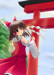 Rule 34 | 1girl, blush, bow, brown hair, cloud, commentary request, day, detached sleeves, frilled bow, frilled hair tubes, frills, gohei, hair bow, hair tubes, hakurei reimu, holding, holding gohei, long hair, looking at viewer, open mouth, outdoors, red bow, red eyes, red skirt, ribbon-trimmed sleeves, ribbon trim, skirt, skirt set, solo, torii, touhou, tree, yuu hitoshi