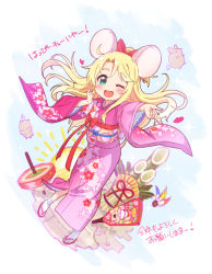 Rule 34 | 1girl, :3, :d, animal ears, bamboo, blonde hair, blush, bow, floral print, full body, green eyes, hair bow, hair ornament, hand up, heart, himesaka noa, japanese clothes, jigatei (omijin), kimono, long hair, looking at viewer, mouse (animal), mouse ears, obi, one eye closed, open mouth, outstretched arm, paddle, pink kimono, red bow, sandals, sash, smile, socks, solo, spinning top, standing, sun, translation request, watashi ni tenshi ga maiorita!, yukata