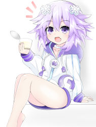 Rule 34 | 1girl, barefoot, breasts, choker, d-pad, d-pad hair ornament, fang, food, hair ornament, hairclip, happy, highres, hood, hoodie, kness, little fang, neptune (neptunia), neptune (series), open mouth, parka, pudding, purple eyes, purple hair, short hair, simple background, sl3camgqmy9igmq, small breasts, thighs, white background
