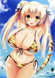 Rule 34 | 1girl, :d, absurdres, animal ears, animal print, armpits, arms up, beach, bikini, black ribbon, blonde hair, blue sky, blush, breasts, cleavage, cloud, cloudy sky, cowboy shot, cropped, curvy, day, fang, front-tie bikini top, front-tie top, groin, hair ribbon, highres, huge breasts, long hair, looking at viewer, navel, non-web source, ocean, open mouth, original, outdoors, palm tree, ribbon, scan, shiny skin, shirt, side-tie bikini bottom, sky, slit pupils, smile, solo, standing, stomach, swimsuit, syroh, tail, tiger ears, tiger girl, tiger print, tiger tail, toranoana, tree, twintails, undressing, water, water drop, wet, wide hips, yellow eyes