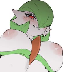 Rule 34 | 1girl, :3, blush, bob cut, breasts, closed mouth, colored skin, creatures (company), fang, fang out, female focus, from below, game freak, gardevoir, gen 3 pokemon, green hair, green skin, hair over one eye, half-closed eyes, happy, inverted nipples, large breasts, looking down, multicolored skin, nintendo, nose blush, one eye covered, personification, pokemon, pokemon (creature), red eyes, ringed eyes, short hair, simple background, sketch, smile, solo, two-tone skin, upper body, white background, white skin, yawar