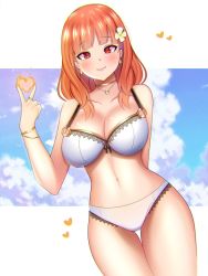 Rule 34 | 1girl, alternate breast size, arm behind back, bad id, bad twitter id, bambi (cozybambii), bikini, blunt bangs, blush, bracelet, breasts, celica (fire emblem), choker, cleavage, cloud, collarbone, commentary, cross, earrings, english commentary, fire emblem, fire emblem echoes: shadows of valentia, fire emblem heroes, flower, gold bracelet, gold choker, gold earrings, gold necklace, gold trim, hair flower, hair ornament, heart, highres, jewelry, large breasts, letterboxed, lips, looking at viewer, navel, necklace, nintendo, orange hair, red eyes, ring, shadow, sky, smile, solo, swimsuit, thigh gap, thighs, v, white bikini, white flower
