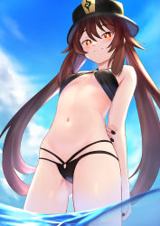 Rule 34 | 1girl, absurdres, arms behind back, art itou, bare shoulders, bikini, black bikini, black headwear, black nails, blue sky, blush, breasts, brown hair, closed mouth, cloud, day, flower-shaped pupils, from below, genshin impact, gluteal fold, hand on own arm, highres, hu tao (genshin impact), long hair, looking at viewer, looking down, nail polish, navel, o-ring, o-ring bikini, outdoors, red eyes, sidelocks, sky, small breasts, smile, solo, stomach, swimsuit, symbol-shaped pupils, thighs, twintails, underboob, very long hair, water