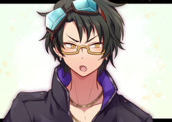 Rule 34 | 1boy, biseibutu, black hair, glasses, gnosia, goggles, green hair, highres, jacket, jewelry, long sleeves, looking at viewer, male focus, necklace, sha-ming, shirt, short hair, solo, upper body, zipper