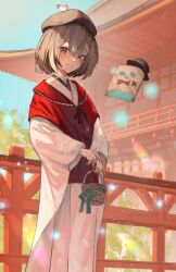 Rule 34 | 1girl, architecture, basket, beret, blue sky, bow, bowtie, braid, braided bangs, east asian architecture, embroidery, feathers, floral print, floral print kimono, friend (nanashi mumei), gloves, green ribbon, hat, highres, hololive, hololive english, japanese clothes, kimono, lace, lace gloves, lens flare, looking at viewer, multicolored hair, nanashi mumei, nanashi mumei (new year), official alternate costume, outdoors, print kimono, railing, red shawl, ribbon, shawl, short hair, sky, smile, streaked hair, temple, top hat, tree, virtual youtuber, white kimono, xyunx