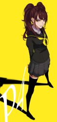 Rule 34 | 1girl, argyle, argyle clothes, argyle skirt, arm behind back, black jacket, black thighhighs, brown eyes, brown hair, closed mouth, copyright name, earrings, full body, grey skirt, highres, jacket, jewelry, kujikawa rise, long hair, looking at viewer, miniskirt, neckerchief, oone0206, persona, persona 4, pleated skirt, school uniform, serafuku, skirt, smile, solo, standing, sweater, thighhighs, turtleneck, turtleneck sweater, twintails, white sweater, yellow background, yellow neckerchief, zettai ryouiki
