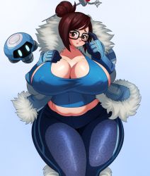 Rule 34 | 1girl, alternate costume, artist name, bare shoulders, blue gloves, blue shirt, body freckles, breasts, brown eyes, brown hair, cleavage, clothes writing, coat, collarbone, covered erect nipples, cowboy shot, crop top, eric lowery, freckles, fur-trimmed coat, fur coat, fur trim, glasses, gloves, hair bun, hair ornament, hair stick, hand up, highres, huge breasts, jewelry, light particles, lips, looking at viewer, mei (overwatch), midriff, navel, necklace, off shoulder, one eye closed, open clothes, open coat, overwatch, overwatch 1, pants, parka, parted lips, pink lips, plump, selfie, shirt, short hair, sidelocks, single hair bun, sleeveless, smile, snowflake hair ornament, snowing, solo, stomach, swept bangs, taking picture, tank top, teeth, thick thighs, thighs, wide hips, winter, winter clothes, winter coat