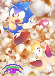 Rule 34 | 3boys, :o, black eyes, clenched teeth, falling, food, fox boy, furry, furry male, gloves, knuckles the echidna, male focus, multiple boys, multiple tails, open mouth, popcorn, red footwear, sonic (series), sonic the hedgehog, sonic the hedgehog (classic), tail, tails (sonic), teeth, tondamanuke, two tails, white gloves
