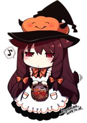Rule 34 | 1girl, apron, basket, black hat, blush, bow, bowtie, brown hair, candy, chibi, closed mouth, commentary, dated, ears down, food, full body, hair bow, hat, holding, holding basket, jack-o&#039;-lantern, jitome, konshin, long hair, musical note, orange bow, orange bowtie, original, red eyes, signature, simple background, solo, sparkle, spoken musical note, symbol-only commentary, very long hair, white apron, white background