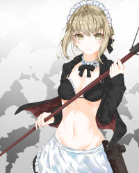 Rule 34 | 1girl, artoria pendragon (all), artoria pendragon (alter swimsuit rider) (second ascension) (fate), artoria pendragon (fate), bikini, black ribbon, blonde hair, blush, breasts, cleavage, closed mouth, fate/grand order, fate (series), hair ribbon, highres, looking at viewer, maid, maid bikini, maid headdress, medium breasts, navel, ribbon, saber alter, sahara386, short hair, solo, swimsuit, unconventional maid, yellow eyes