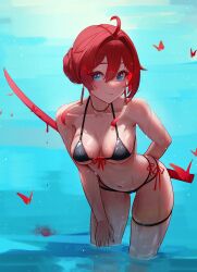 Rule 34 | 1girl, ahoge, alternate costume, bikini, black bikini, blood drip, blood in water, blue eyes, breasts, bug, butterfly, commentary, danjin (wuthering waves), earrings, english commentary, front-tie bikini top, front-tie top, hair between eyes, hair bun, hair intakes, hair ornament, hand on own thigh, highres, holding, holding sword, holding weapon, hungr (nyanom), insect, jewelry, large breasts, looking at viewer, multi-strapped bikini bottom, navel, necklace, red butterfly, red hair, side-tie, skindentation, smile, solo, stomach, swimsuit, sword, sword behind back, thigh strap, wading, weapon, wet, wuthering waves