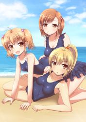 Rule 34 | 3girls, :d, :o, bare arms, bare shoulders, beach, blonde hair, blush, breasts, brown eyes, brown hair, cleavage, cloud, competition school swimsuit, day, double flare skirt one-piece, frilled swimsuit, frills, ki (kk-sk-ray), looking at viewer, medium breasts, multiple girls, nontraditional school swimsuit, old school swimsuit, one-piece swimsuit, open mouth, original, outdoors, school swimsuit, short hair, siblings, sisters, sky, small breasts, smile, swimsuit