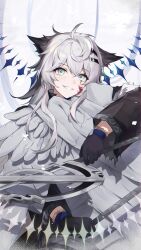 Rule 34 | 1girl, animal ears, arknights, black coat, black gloves, blood, blood on face, coat, dual wielding, gloves, grey eyes, grey hair, hair ornament, hairclip, highres, holding, holding sword, holding weapon, lappland (arknights), lappland (refined horrormare) (arknights), long hair, long sleeves, messy hair, hugging object, official alternate costume, scar, scar across eye, smile, solo, statue, sword, weapon, weeiskaw, wolf ears, wolf girl