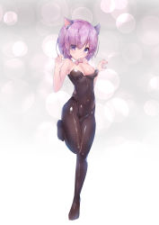 Rule 34 | &gt;:o, 1girl, :o, absurdres, alternate costume, animal ears, bare arms, bare shoulders, black leotard, black pantyhose, blush, bow, bowtie, breasts, cat ears, claw pose, cleavage, closed mouth, covered navel, detached collar, eyes visible through hair, fate/grand order, fate (series), full body, gradient background, hair over one eye, highres, kittysuit, knees together feet apart, leg up, leotard, mash kyrielight, medium breasts, nipples, nontraditional playboy bunny, one breast out, pantyhose, pink bow, pink bowtie, purple eyes, shiny clothes, shiny skin, smile, solo, standing, standing on one leg, strapless, strapless leotard, twiska (doubitian), v-shaped eyebrows