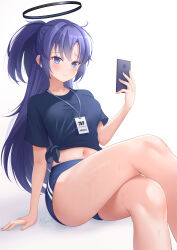 Rule 34 | 1girl, 3:, absurdres, arm at side, between legs, blue archive, blue buruma, blue eyes, blue shirt, blush, breasts, bright pupils, buruma, cellphone, closed mouth, commentary, crossed legs, curvy, eyelashes, fingernails, frown, furrowed brow, gym uniform, hair between eyes, half updo, halo, hand up, highres, holding, holding phone, id card, lips, long hair, looking at viewer, mechanical halo, medium breasts, meyrink, navel, phone, shirt, short ponytail, signature, simple background, sitting, smartphone, solo, sweat, thighs, tsurime, twitter username, very long hair, white background, yuuka (blue archive), yuuka (track) (blue archive)