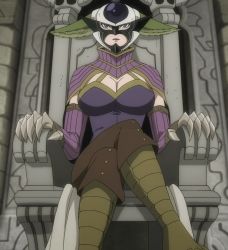 Rule 34 | 1girl, blue eyes, breasts, claws, cleavage, demon, demon girl, detached sleeves, eyelashes, fairy tail, female focus, green hair, highres, kyouka (fairy tail), large breasts, crossed legs, lips, lipstick, long hair, long sleeves, makeup, mask, purple lips, screencap, sitting, solo, stitched, third-party edit, throne