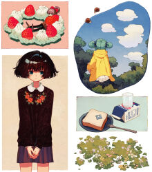 Rule 34 | 3girls, absurdres, black hair, black pants, black sweater, blue bow, blue eyes, blue sky, bob cut, border, bow, bread slice, brown footwear, brown sweater, cloud, collage, collared shirt, cowboy shot, cup, day, double bun, drinking glass, floating, floral print, flower, food, fork, from behind, fruit, full body, grass, green hair, hair bow, hair bun, highres, hood, hood down, hooded jacket, jacket, ka (marukogedago), long sleeves, looking at viewer, milk carton, mini person, minigirl, miniskirt, multiple girls, original, outdoors, outside border, own hands together, pants, pink background, pink flower, pink hair, plate, pleated skirt, print sweater, purple skirt, red bow, shirt, shoes, short hair, simple background, single hair bun, sitting, skirt, sky, snail, standing, straight-on, strawberry, sweater, toast, tree, whipped cream, white border, white flower, white shirt, white skirt, yellow background, yellow flower, yellow jacket