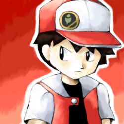 Rule 34 | 1boy, badge, baseball cap, black eyes, black hair, button badge, closed mouth, commentary, creatures (company), english commentary, frown, game freak, hat, leaf, lowres, male focus, nintendo, outline, pokemon, pokemon rgby, red (pokemon), red hat, sailorclef, short hair, short sleeves, solo, sugimori ken (style), two-tone headwear, upper body, white outline