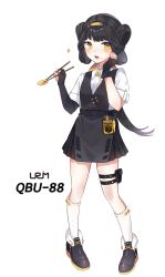 Rule 34 | 1girl, absurdres, bad id, bad pixiv id, belt, black hair, blush, character name, chopsticks, fingerless gloves, food, full body, girls&#039; frontline, gloves, hand on own face, headband, highres, id card, looking at viewer, open mouth, ponytail, qbu-88 (girls&#039; frontline), shirt, shoes, socks, solo, sparkle, standing, transparent background, urim (paintur), yellow eyes