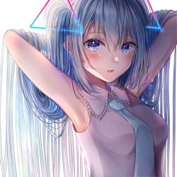Rule 34 | 1girl, aqua necktie, armpits, arms behind head, arms up, bad id, bad twitter id, bare shoulders, blue eyes, blue hair, blush, breasts, collared shirt, hair between eyes, hair ornament, hatsune miku, highres, long hair, looking at viewer, medium breasts, necktie, parted lips, sakura (39ra), shirt, sleeveless, sleeveless shirt, solo, twintails, upper body, very long hair, vocaloid, white shirt