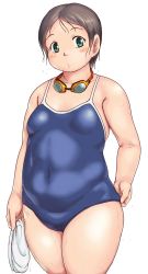 Rule 34 | 1girl, blue one-piece swimsuit, blush, breasts, brown hair, character request, closed mouth, collarbone, commentary request, competition school swimsuit, copyright request, covered navel, cowboy shot, dot mouth, goggles, unworn goggles, green eyes, head tilt, highres, holding, looking at viewer, one-piece swimsuit, orizen, school swimsuit, short hair, simple background, small breasts, solo, swimsuit, thick arms, thick thighs, thighs, wet, white background