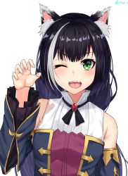 Rule 34 | 1girl, animal ear fluff, animal ears, artist name, bare shoulders, black hair, blush, breasts, cat ears, cat girl, cat tail, detached sleeves, dress, fang, gem, green eyes, highres, karyl (princess connect!), long hair, looking at viewer, multicolored hair, open mouth, princess connect!, rinse 7, simple background, sleeveless, sleeveless dress, solo, streaked hair, tail, twintails, very long hair, white background, white hair