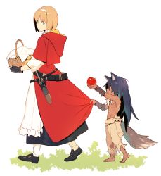 Rule 34 | 1boy, 1girl, animal ears, apple, apron, arm wrap, bad id, bad pixiv id, basket, big bad wolf, black footwear, black gloves, black hair, blonde hair, brown pants, cloak, commentary request, fingerless gloves, food, fruit, gloves, green eyes, grimm&#039;s fairy tales, hairband, height difference, highres, hood, hood down, jandy, little red riding hood, little red riding hood (grimm), long hair, looking up, necklace, original, pants, red cloak, red eyes, scabbard, sheath, shoes, short hair, skirt, skirt tug, tail, tooth necklace, torn clothes, torn pants, waist apron, white apron, white hairband, white legwear, wolf boy, wolf ears, wolf tail