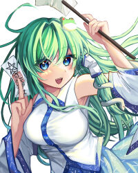 Rule 34 | 1girl, :d, absurdres, bare shoulders, blue eyes, blush, breasts, collared shirt, colored eyelashes, commentary request, detached sleeves, eyes visible through hair, fangs, floating hair, frog hair ornament, green hair, hair between eyes, hair intakes, hair ornament, hands up, happy, highres, holding, holding paper, izumi no yasushi aya, kochiya sanae, large breasts, long hair, long sleeves, looking at viewer, nontraditional miko, open mouth, paper, shirt, sidelocks, signature, simple background, sleeveless, sleeveless shirt, smile, snake hair ornament, solo, star (symbol), star print, teeth, touhou, upper body, upper teeth only, white background, white shirt, wide sleeves