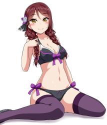 Rule 34 | 1girl, alternate hairstyle, black footwear, black panties, blush, bow, bra, braid, breasts, cleavage, commentary request, flower, front-tie top, hair flower, hair ornament, hair over shoulder, lingerie, long hair, looking at viewer, love live!, love live! sunshine!!, medium breasts, navel, panties, purple bow, red hair, sakurauchi riko, shoes, side-tie panties, simple background, sitting, smile, solo, stomach, thighhighs, twin braids, underwear, underwear only, wariza, white background, yellow eyes, yopparai oni