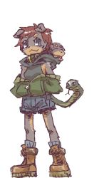 Rule 34 | 1girl, arinko (ant-lion), boots, breasts, brown hair, collar, dog, female focus, hands in pockets, hood, jacket, off shoulder, original, short hair, simple background, sleeveless, snake tail, solo, tail, white background
