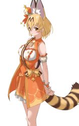 Rule 34 | 1girl, absurdres, alternate costume, animal ear fluff, animal ears, arms behind back, bare shoulders, blonde hair, breasts, buttons, commentary, detached sleeves, double-breasted, extra ears, hair between eyes, highres, kemono friends, medium breasts, orange eyes, puffy detached sleeves, puffy sleeves, serval (kemono friends), short hair, simple background, solo, tail, tanabe (fueisei), white background, wrist cuffs