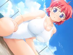 Rule 34 | 1girl, blue eyes, breasts, bursting breasts, chain-link fence, cleavage, cloud, day, dutch angle, covered erect nipples, fence, game cg, glasses, hibino shizuru, huge breasts, one-piece swimsuit, outdoors, paimega, pink hair, red hair, sakechan, short hair, sitting, sky, solo, swimsuit, white one-piece swimsuit