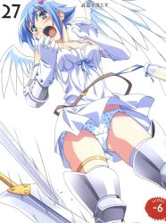 Rule 34 | 00s, angel, angel of light nanael, angel wings, artbook, asymmetrical wings, bare shoulders, blue hair, blush, boots, elbow gloves, gloves, green eyes, highres, kuuchuu yousai, miniskirt, nanael (queen&#039;s blade), nanael (queen's blade), open mouth, panties, pantyshot, polka dot, polka dot panties, queen&#039;s blade, scan, short hair, skirt, solo, sword, tears, thighhighs, underwear, weapon, wind, wind lift, wings